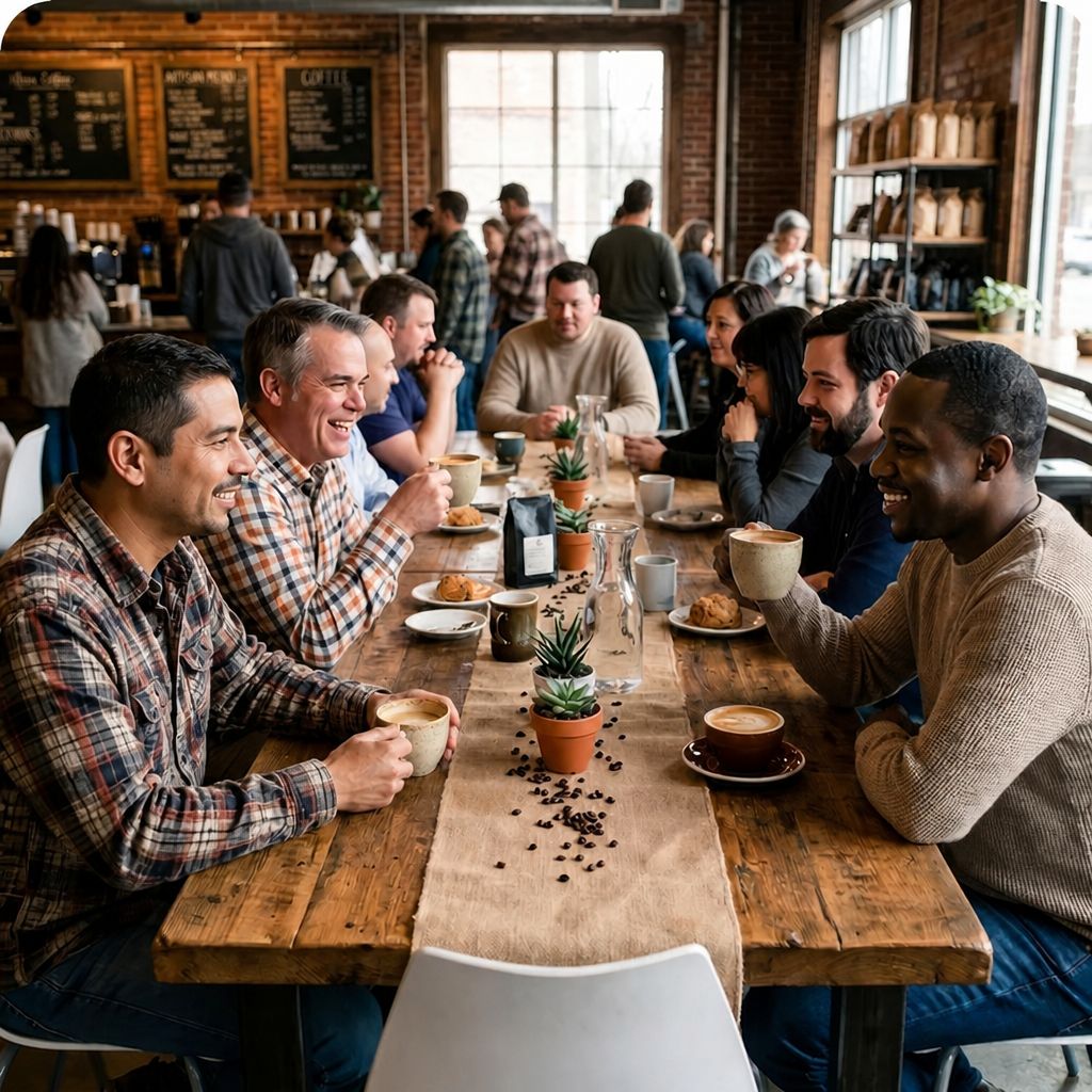 Entrepreneurs gathered around a table at a coffee shop, mid-conversation