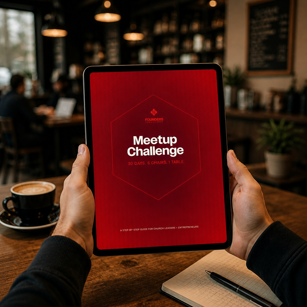 A tablet displaying the red Founder's Table Meetup Challenge guidebook cover