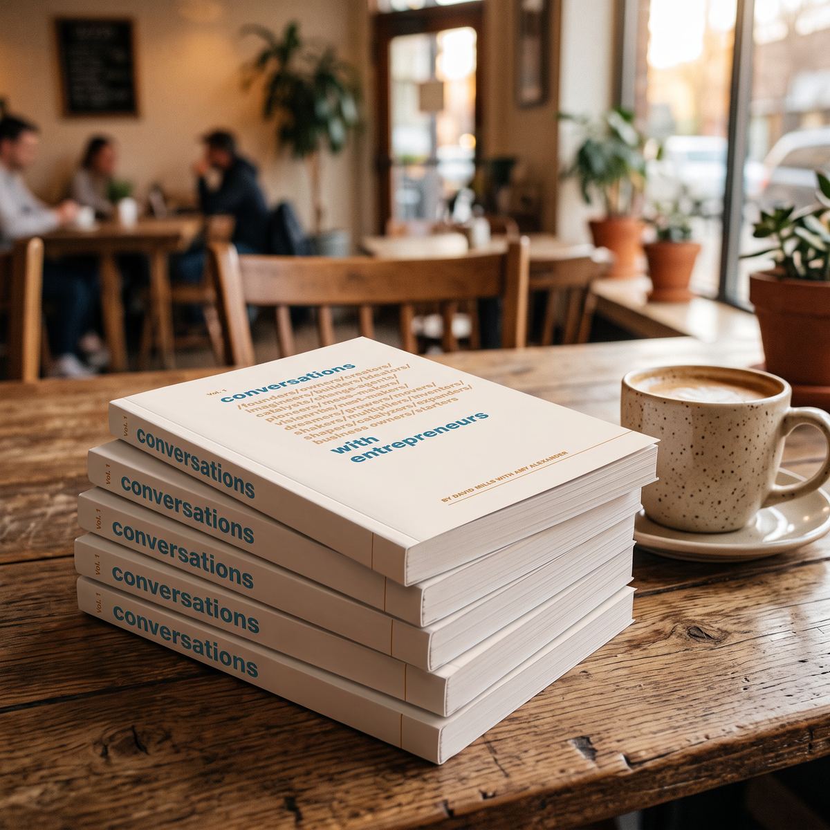 A stack of five Conversations with Entrepreneurs books on a coffee shop table