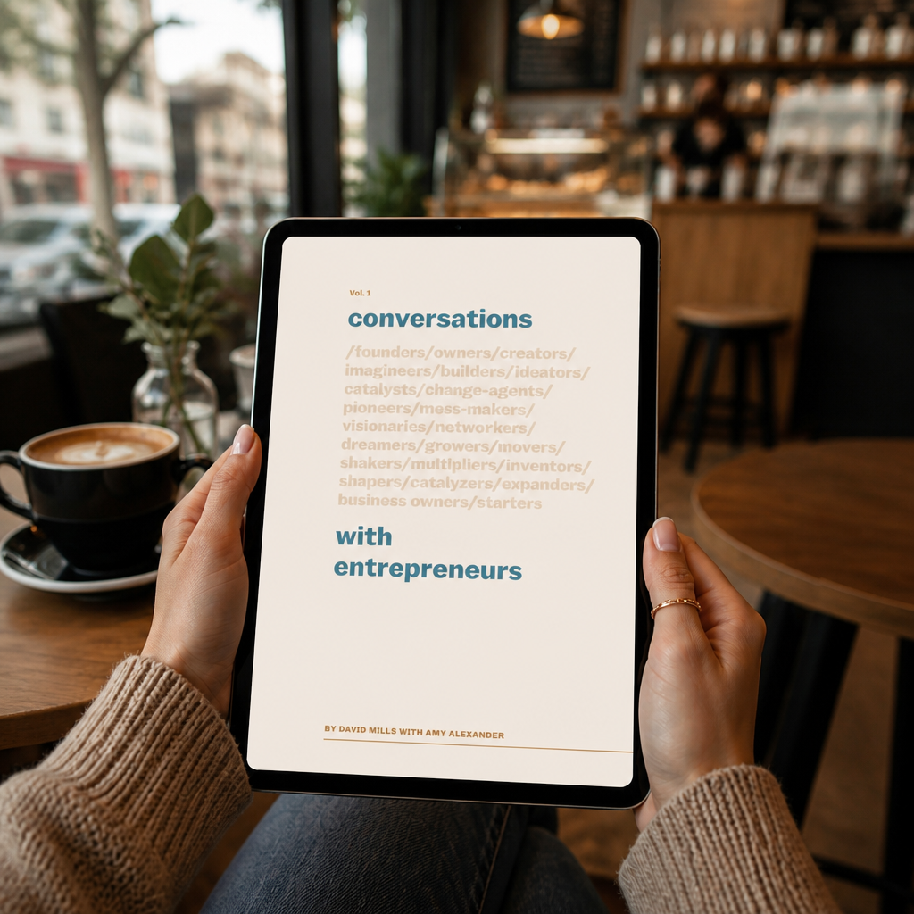 A tablet displaying the digital edition of Conversations with Entrepreneurs, Vol. 1