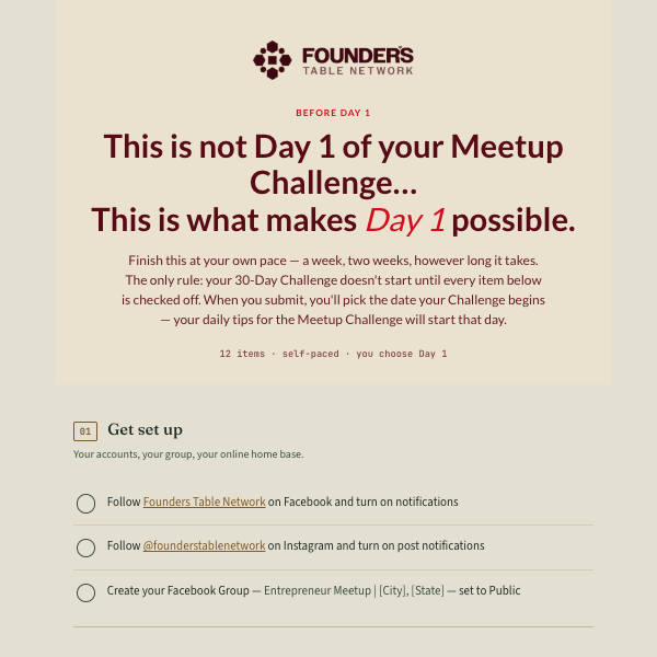 The Meetup Challenge launch checklist page, showing setup tasks before Day 1