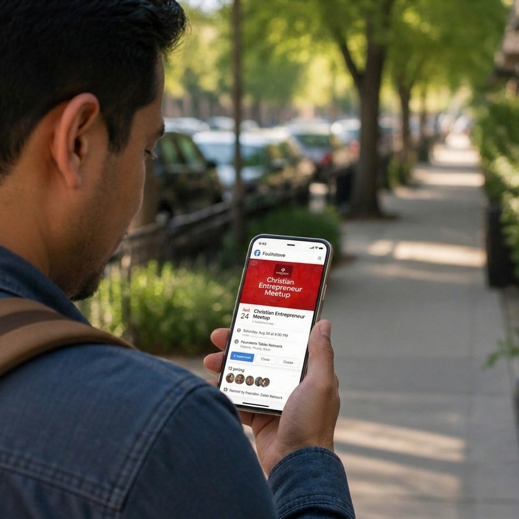 A man checking a Christian Entrepreneur Meetup event on his phone on a city sidewalk