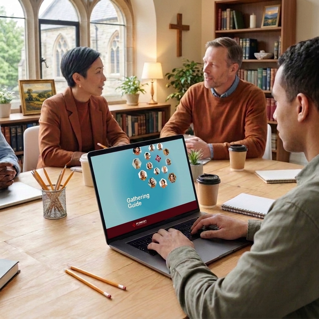 Three people at a church discussing the Gathering Guide on a laptop